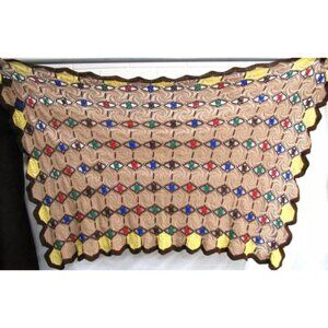 Vintage Afghan Hexagon Swirl Pinwheel Granny Square Beige Yellow Boho Farmhouse